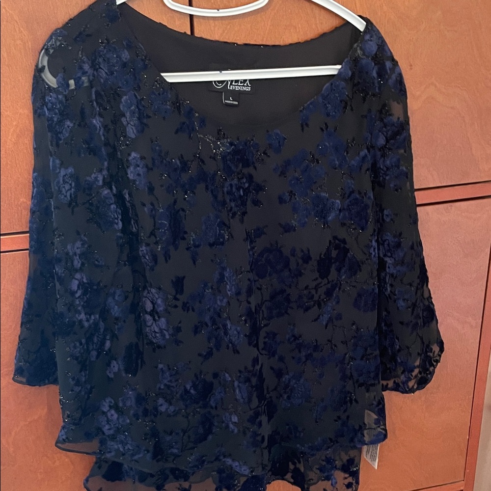 Alex Evenings Women's Navy and Black Floral Blouse nwt sz L